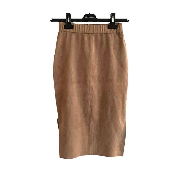 Aritzia Dresses & Skirts - (SOLD) ARITZIA Faux Vegan Suede Pencil Knee Length Skirt Slits Camel 2